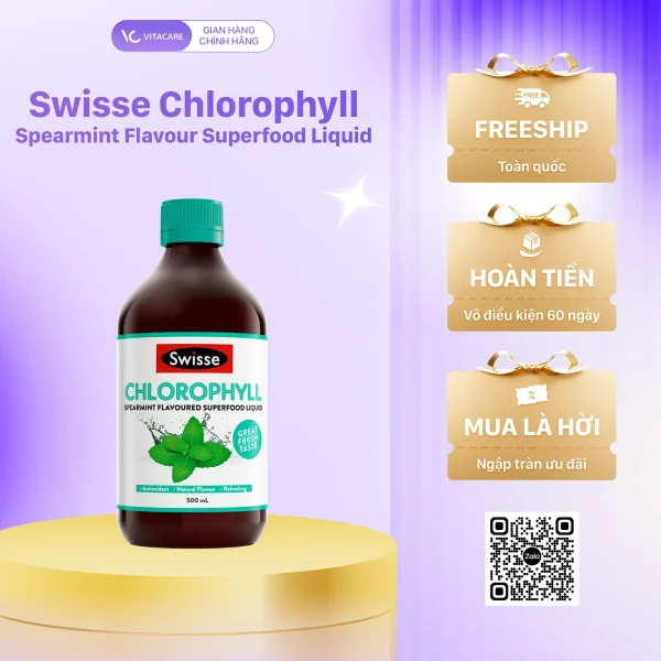 Swisse Chlorophyll Spearmint 500ml – Nước diệp lục vị bạc hà thanh mát, giúp giải độc gan, bổ sung chất chống oxy hóa.