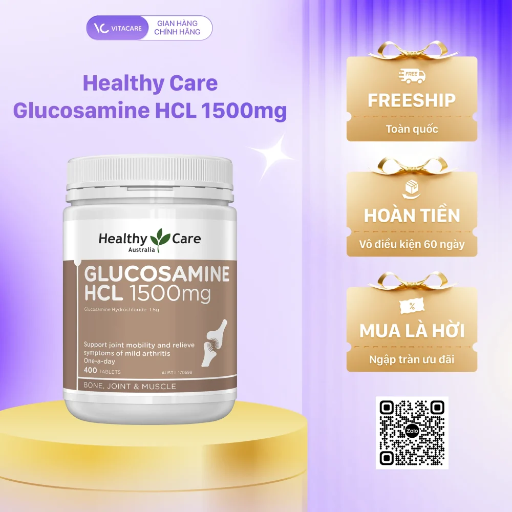 Healthy Care Glucosamine HCL 1500mg hộp 400 viên – Thực phẩm bổ sung từ Úc hỗ trợ tái tạo sụn, giảm đau khớp, cải thiện viêm khớp và tăng cường vận động.
