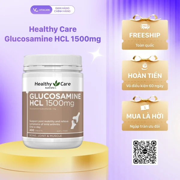 Healthy Care Glucosamine HCL 1500mg hộp 400 viên – Thực phẩm bổ sung từ Úc hỗ trợ tái tạo sụn, giảm đau khớp, cải thiện viêm khớp và tăng cường vận động.