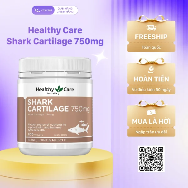 Healthy Care Shark Cartilage 750mg hộp 200 viên – Thực phẩm bổ sung sụn vi cá mập từ Úc, hỗ trợ xương khớp dẻo dai, cơ khỏe mạnh.