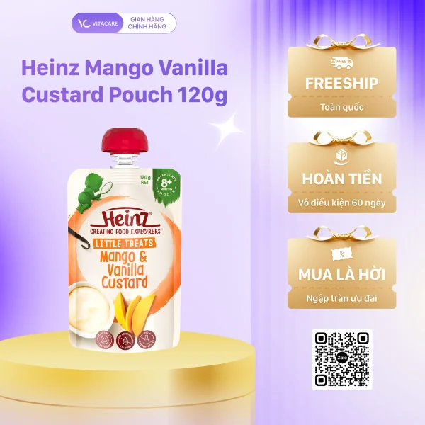 Heinz Mango Vanilla Custard Pouch 120g – Váng sữa vị xoài và vani bổ sung canxi, vitamin cho bé từ 8 tháng tuổi