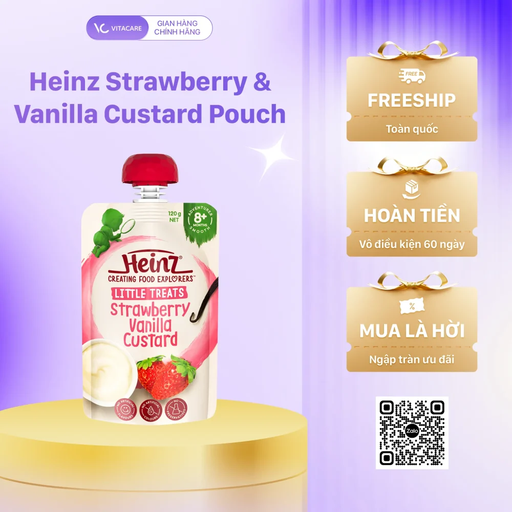 Heinz Strawberry & Vanilla Custard Pouch 120g – Váng sữa vị dâu và vani giàu dinh dưỡng cho bé từ 8 tháng tuổi