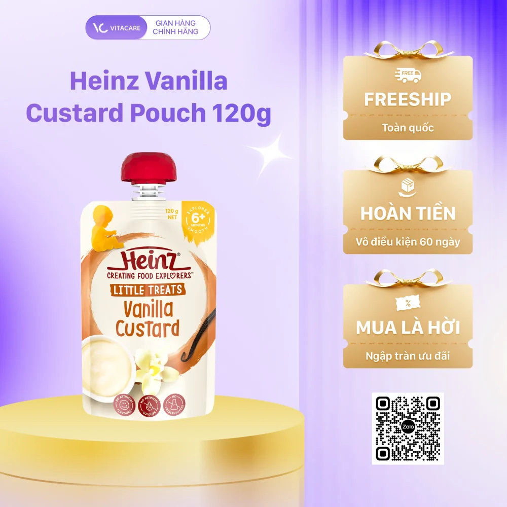Heinz Vanilla Custard Pouch 120g váng sữa vị vani cho bé từ 6 tháng tuổi, sản phẩm nhập khẩu Úc, dễ ăn, giàu dinh dưỡng.