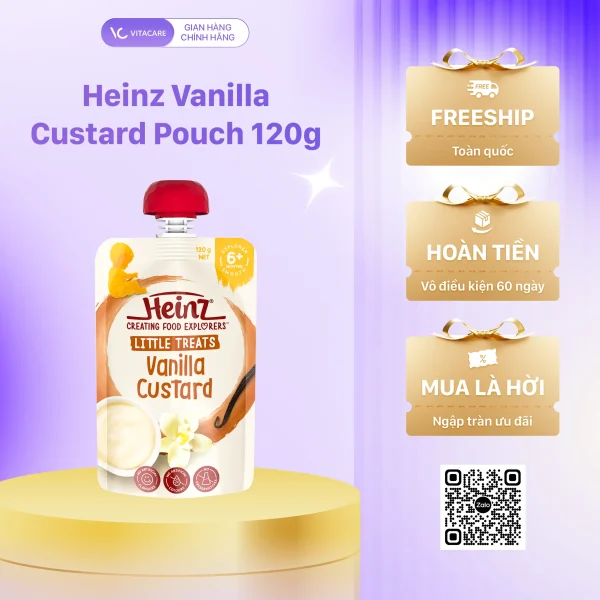 Heinz Vanilla Custard Pouch 120g váng sữa vị vani cho bé từ 6 tháng tuổi, sản phẩm nhập khẩu Úc, dễ ăn, giàu dinh dưỡng.