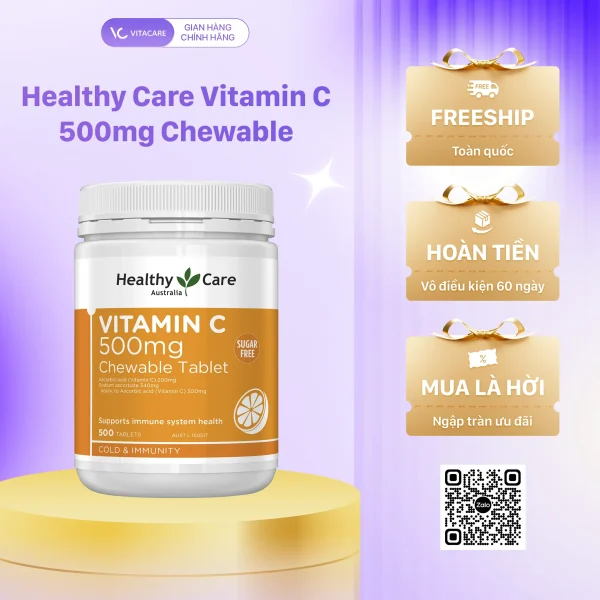 Healthy Care Vitamin C 500mg Chewable 500 viên – viên nhai bổ sung vitamin C, tăng sức đề kháng, giảm mệt mỏi, ngăn ngừa cảm cúm.