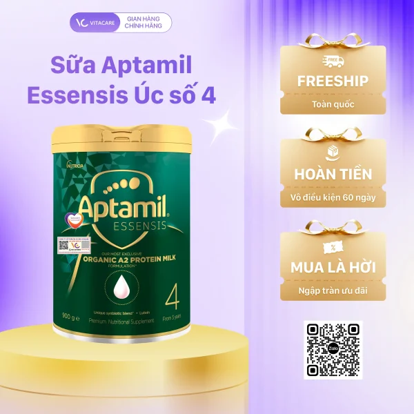 Sữa Aptamil Essensis Úc số 4 Organic A2 Protein Milk 900g cho bé từ 3 tuổi, hỗ trợ miễn dịch, tiêu hóa và trí não.
