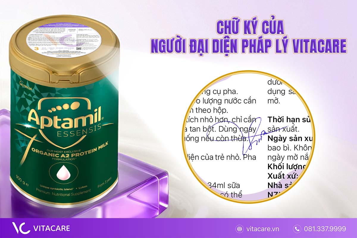 Tem nhãn phụ VitaCare có chữ ký của người đại diện pháp luật