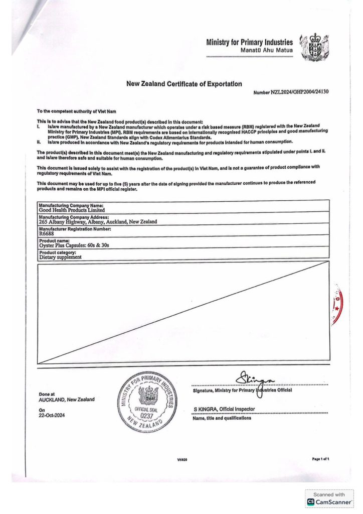 Giấy CFS của Oyster Plus Capsules Goodhealth Giấy CFS của Oyster Plus Capsules Goodhealth