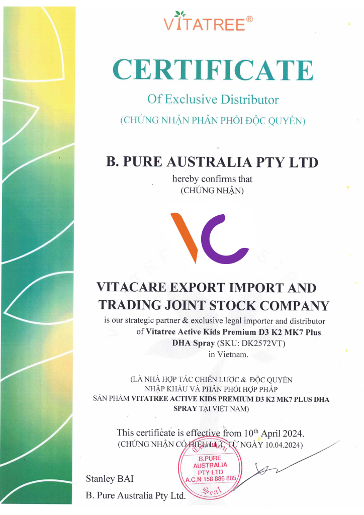 Giấy chứng nhận phân phối độc quyền từ Vitatree cho VitaCare