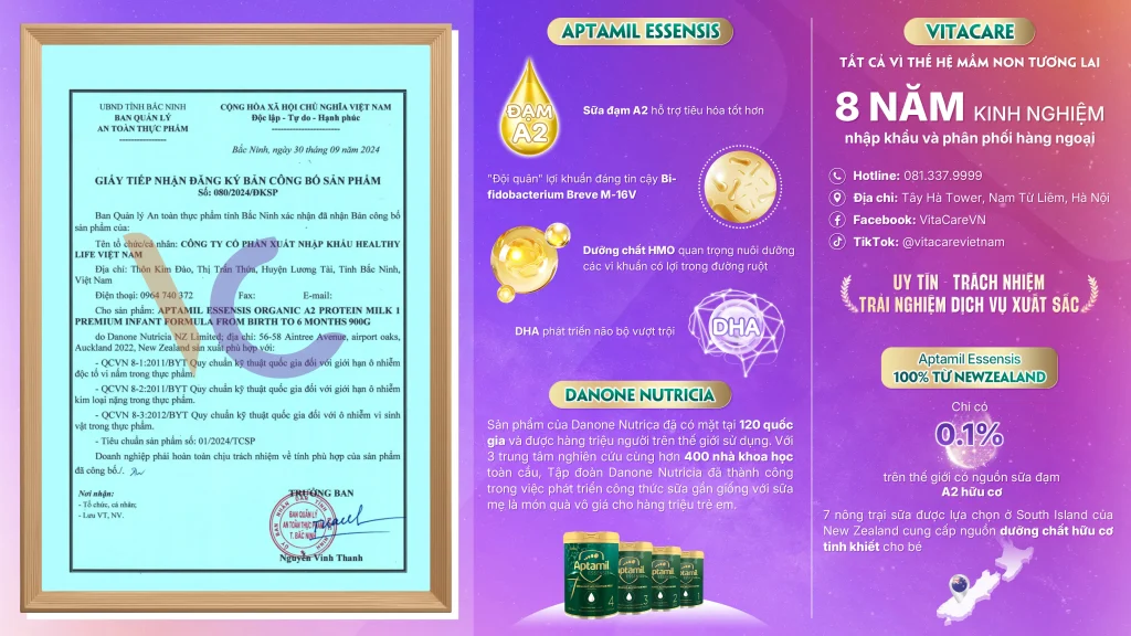 Giấy công bố sản phẩm Aptamil Essensis Organic A2 Protein Milk 1 Giấy công bố sản phẩm Aptamil Essensis Organic A2 Protein Milk 1