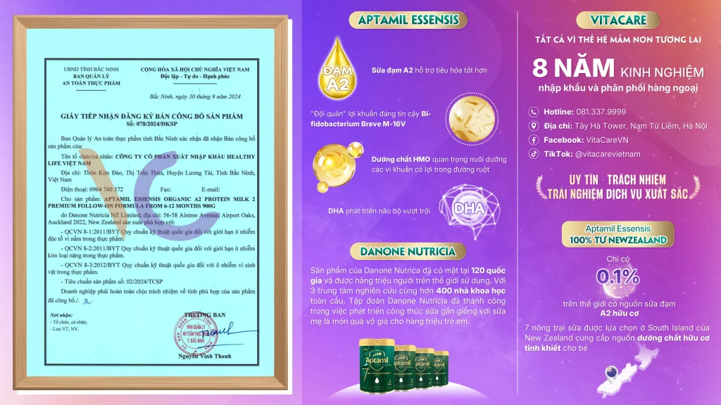 Giấy công bố sản phẩm Aptamil Essensis Organic A2 Protein Milk 2 Giấy công bố sản phẩm Aptamil Essensis Organic A2 Protein Milk 2