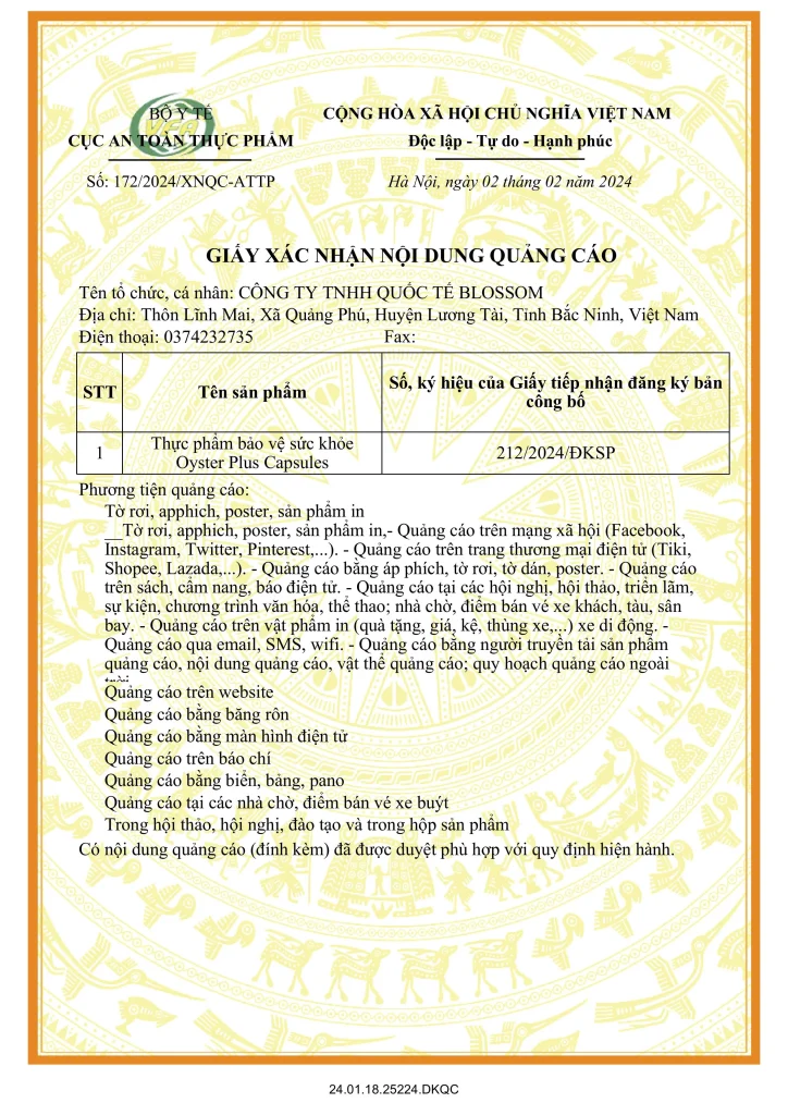 Giấp phép quảng cáo sản phẩm Oyster Plus Capsules Giấp phép quảng cáo sản phẩm Oyster Plus Capsules