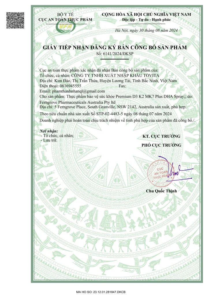 Giấy công bố Premium D3 K2 MK7 Plus DHA Spray