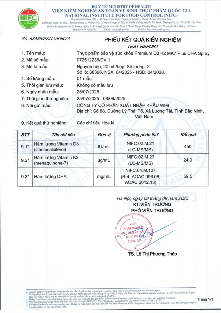 Giấy kiểm nghiệm Vitatree Premium D3K2MK7 Plus DHA 