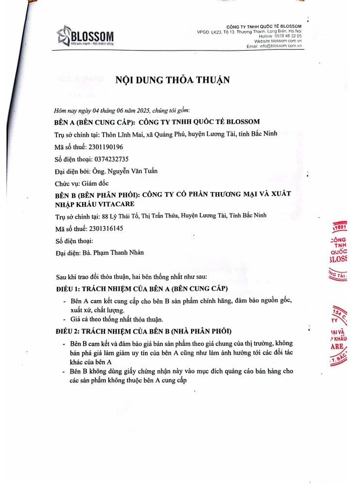 Giấy ủy quyền của Công ty TNHH Quốc Tế Blossom cho VitaCare Giấy ủy quyền của Công ty TNHH Quốc Tế Blossom cho VitaCare