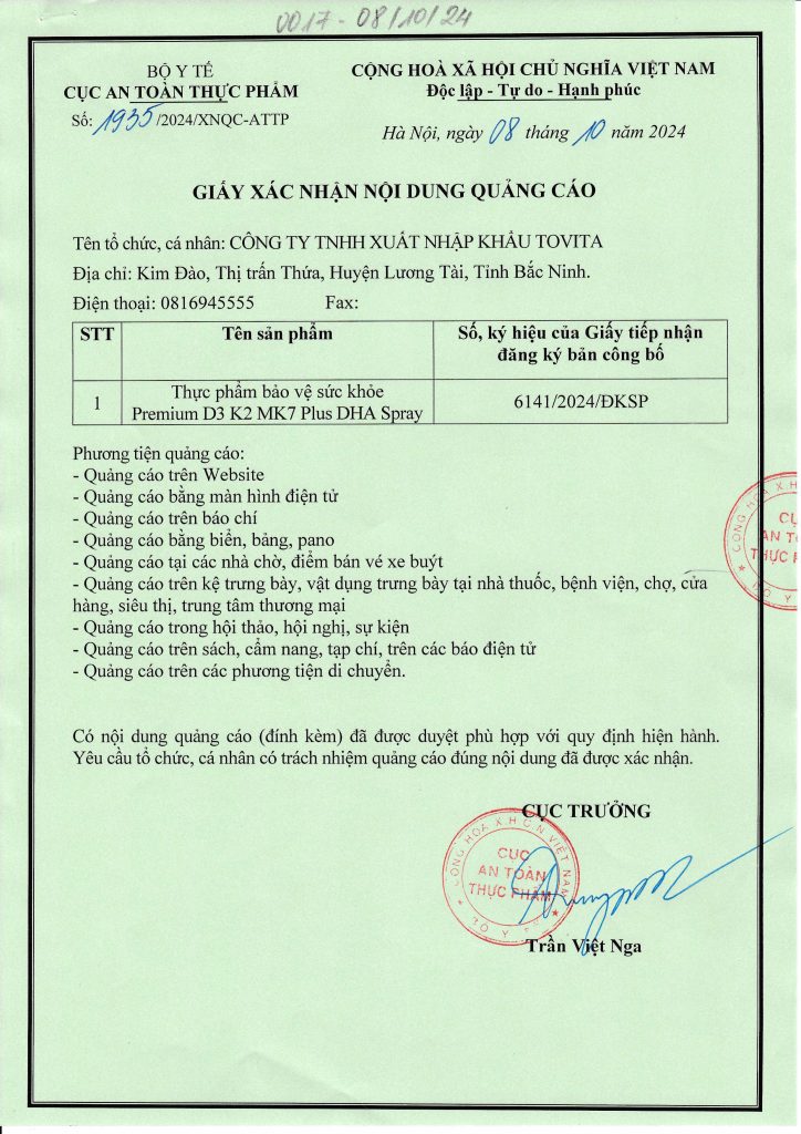 Giấy phép xác nhận nội dung quảng cáo sản phẩm Vitatree Premium D3K2MK7 Plus DHA