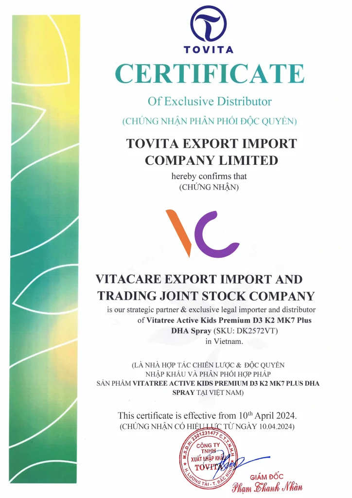 Giấy ủy quyền phân phối từ công ty Tovita cho VitaCare