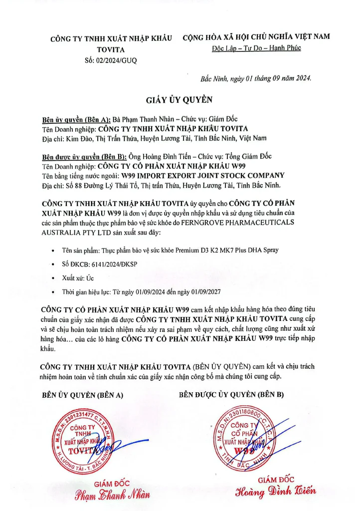 Uỷ quyền nhập khẩu D3K2DHA do công ty Tovita cho W99