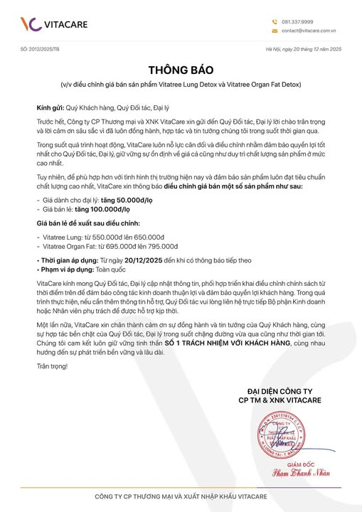 Thông báo điều chỉnh giá Vitatree Lung Detox & Vitatree Organ Fat Detox