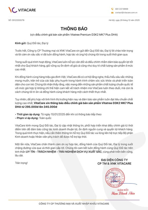VitaCare Thông Báo Điều Chỉnh Giá Bán Lẻ D3K2 MK7 Plus DHA