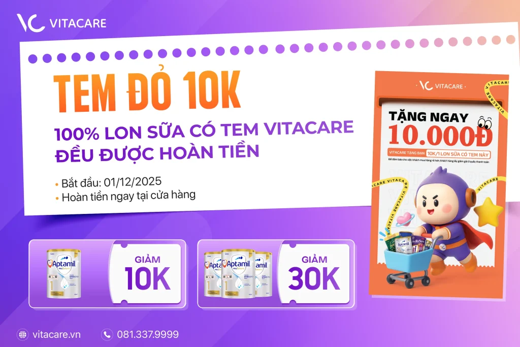 Tem đỏ 10k - 100% lon sữa có tem VitaCare đều được hoàn tiền