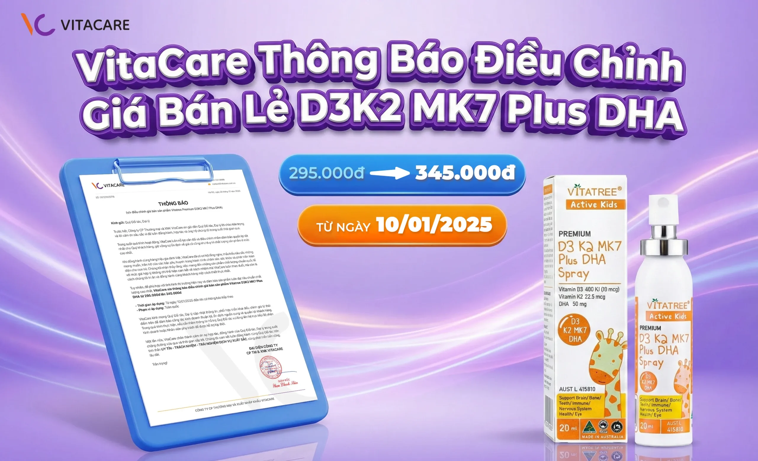 Thông báo điều chỉnh giá bán lẻ D3K2 MK7 Plus DHA