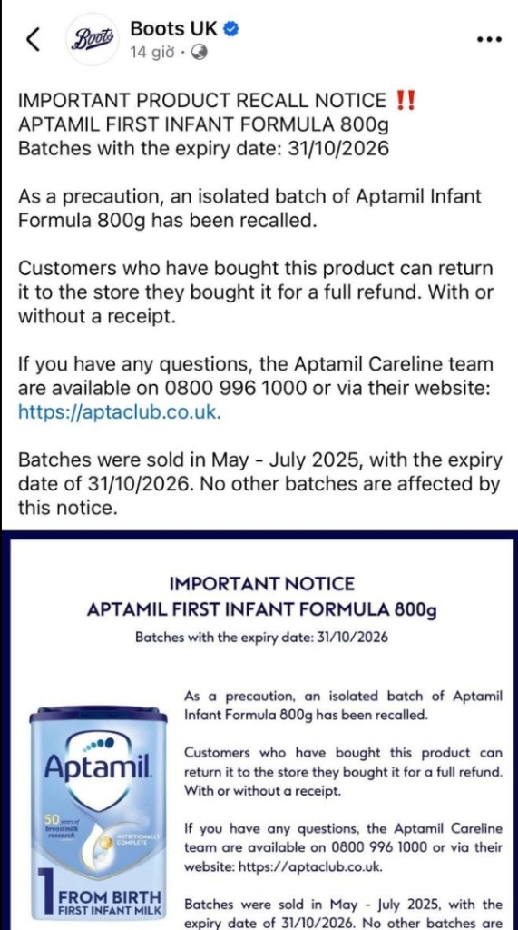 Cơ quan Tiêu chuẩn Thực phẩm Vương quốc Anh thông báo về việc thu hồi một lô sản phẩm Aptamil 