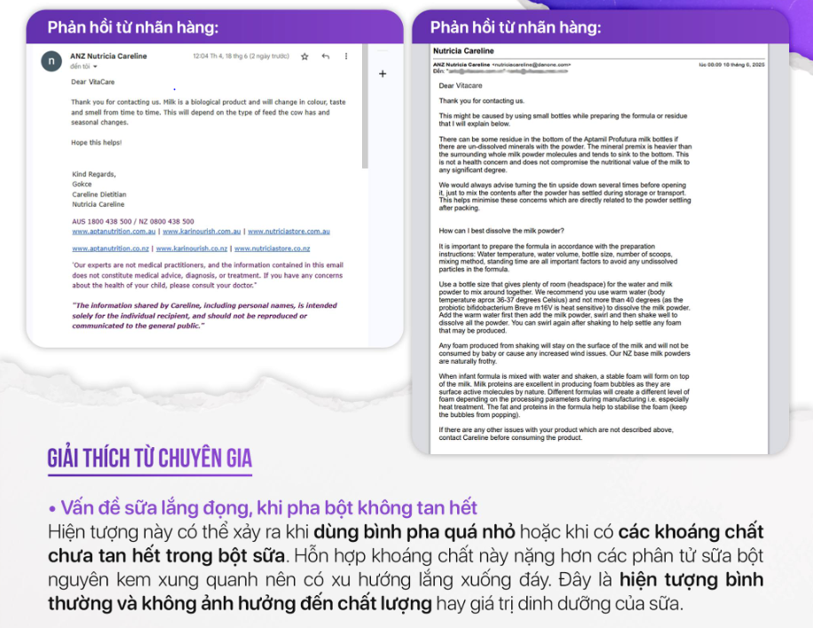 Giải thích từ nhãn hàng Nutricia về hiện tượng lắng cặn