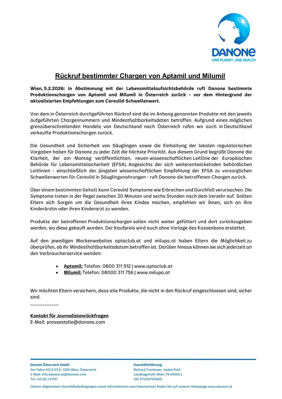 Thông báo thu hồi Aptamil Đức